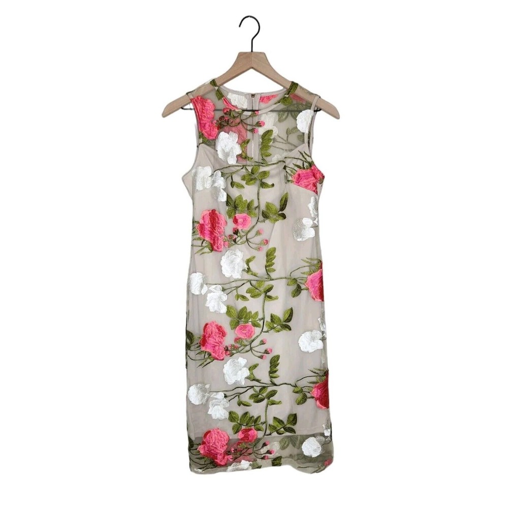 Calvin Klein Floral Lace Illusion Sheath Dress Size 4 Colorful Embroidered Mesh